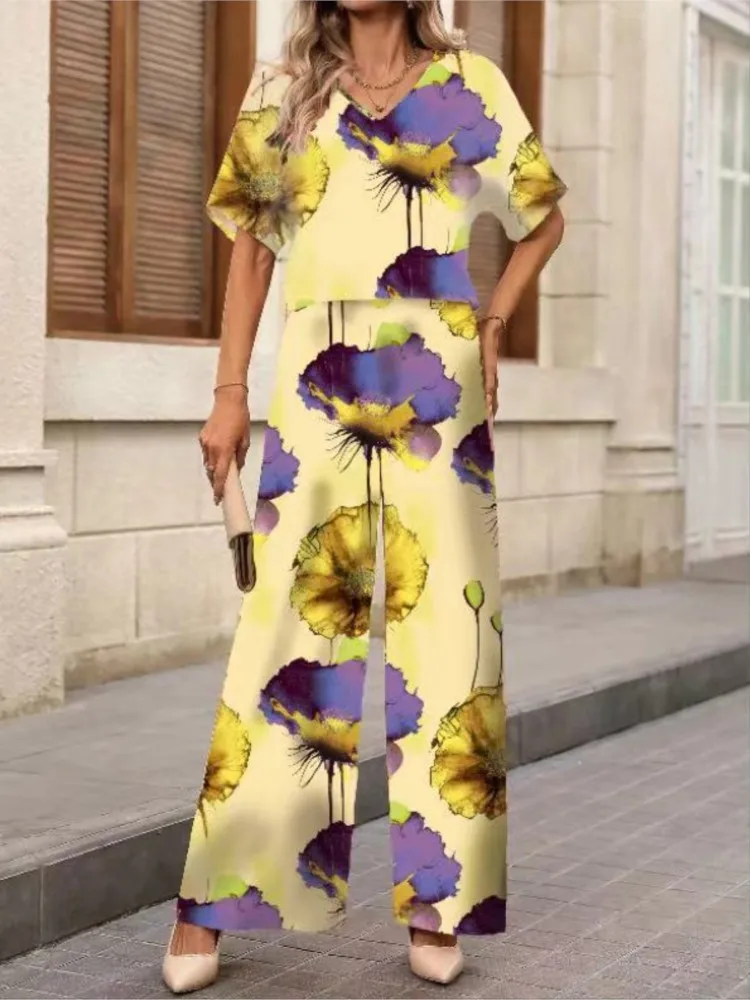 

Fashion Street Trousers Suit Women V Neck Blouse Pants Two-piece Set Elegant Outfit Summer Short Sleeve Floral Satin Loose Sets