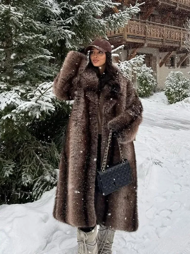 Chic Brown Faux Fur Overcoat Women Casual Luxury Lapel Long Sleeve Fluffy Coat Winter Female Thicken Warm High Street Outwear