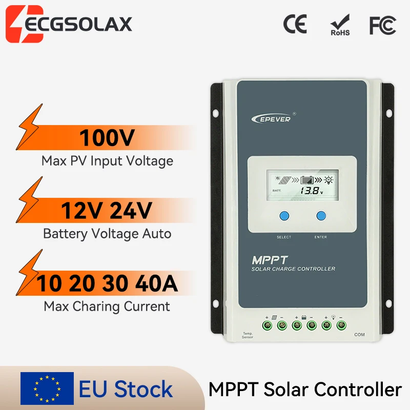 ECGSOLAX 10A 20A 30A 40A Regulator Ładowania Solarnego MPPT 12V 24V Automatyczny Regulator Paneli Słonecznych z Wyświetlaczem LCD Max. Napięcie PV 60V 100V