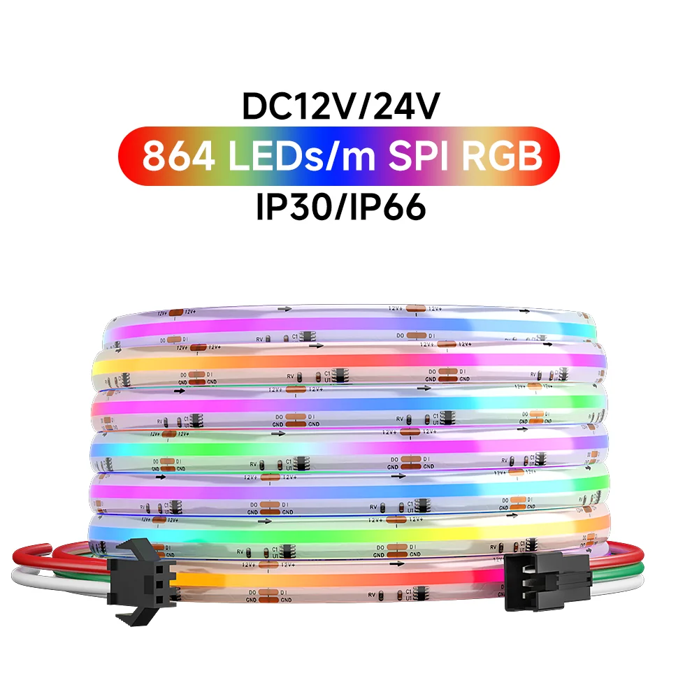 FCOB SPI RGB Striscia luminosa Pixel indirizzabile 864 LED / m RGB Dream Full Color 12mm Luci LED COB FOB flessibili ad alta densità DC12 24V