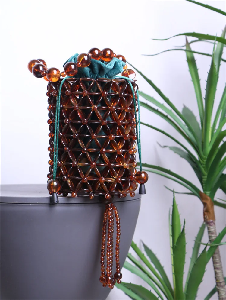 【Wonder Lamar】2023 retro Handmade Luxury Hand Bags Acrylic Woven turtle color Tassel bucket Beaded Bag