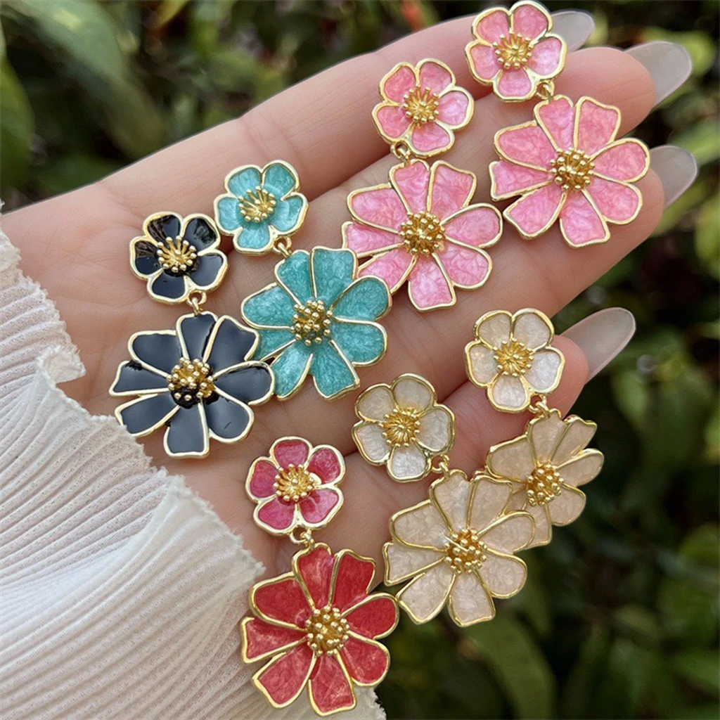 

5Pairs/New Fashion Enamel Oil Art Sweet Five Flower Stud Earrings Elegant for Women Wedding Party Trendy Cute Jewelry Girls Gift
