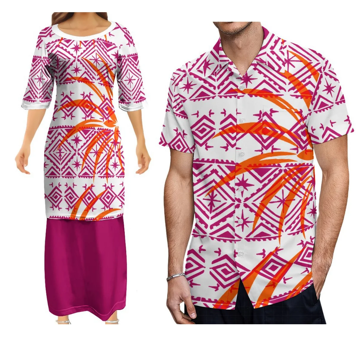 

Luxury Design Couple Suit Women'S Crew Neck Dress Samoan Women'S Polynesian puletasi Evening Gown And Men'S Shirt