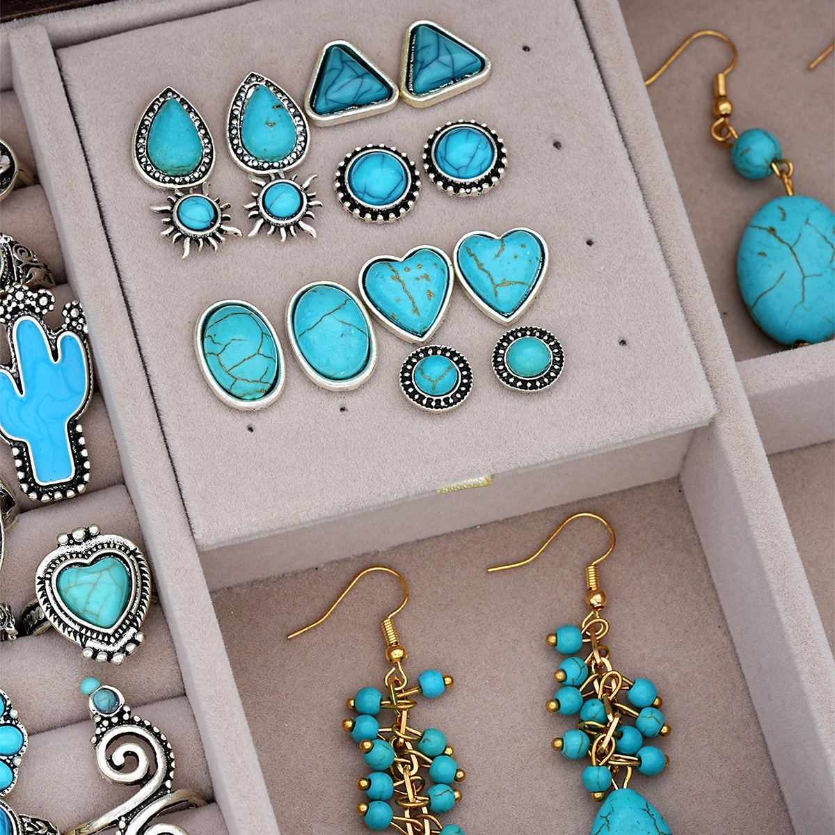 مجموعة مجوهرات فيروزية للنساء ، بوهيمية ، عباد الشمس ، القلب ، القرط ، الخاتم ، قلادة ، طبيعية ، هدية ، 44 av #5