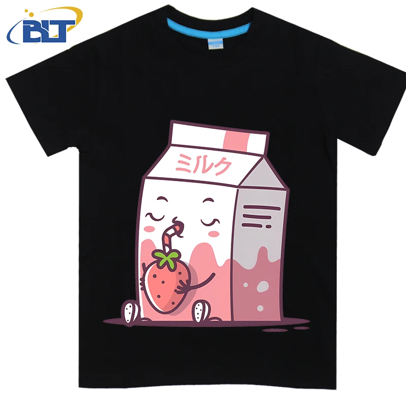 Strawberry Milk Kawaii print kids T-shirt summer children's cotton short-sleeved casual tops for boys and girls