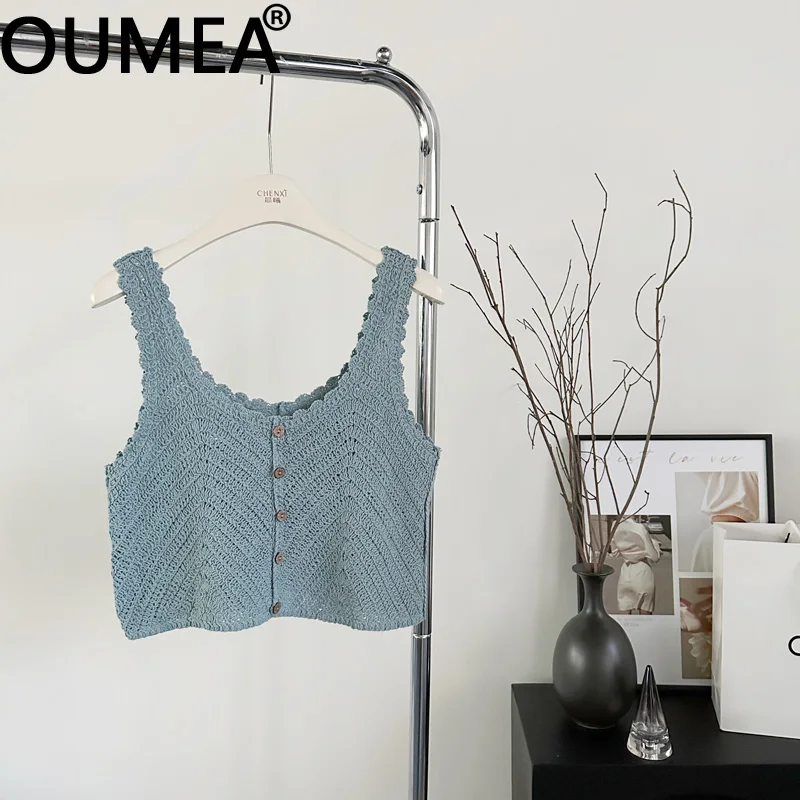 OUMEA Women Summer Knitting Cotton Crochet Beach Tank Tops Sleeveless Casual Knitting Tops Buttons Front Cute Korean Tops