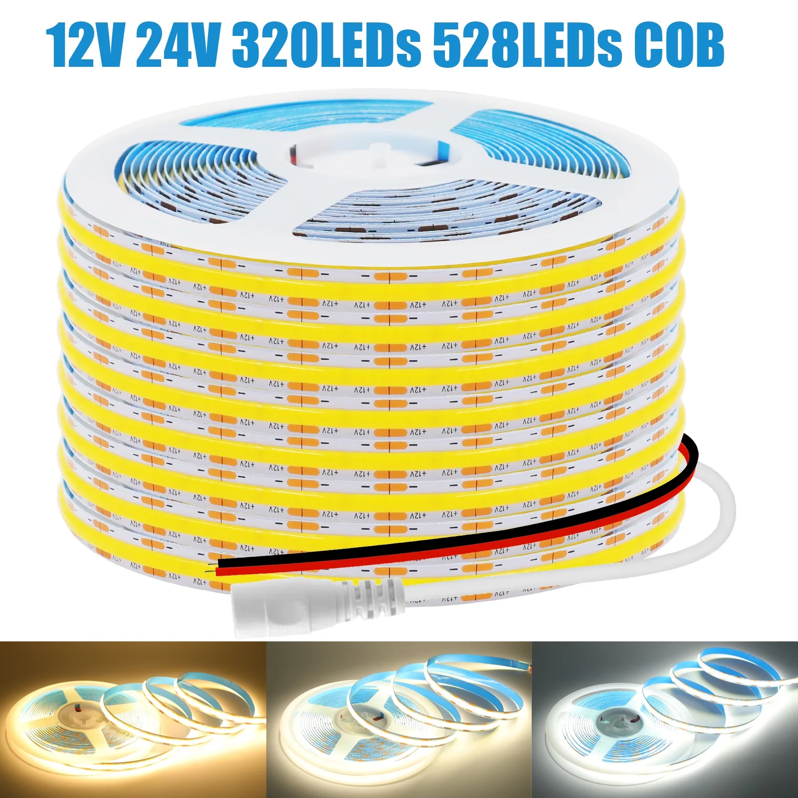 12V 24V COB LED Strip Light 0.5M 1M 5M 10M Flexible LED Tape Ribbon 320 528LEDs/M High Density Linear Lighting 3000K 4000K 6000K