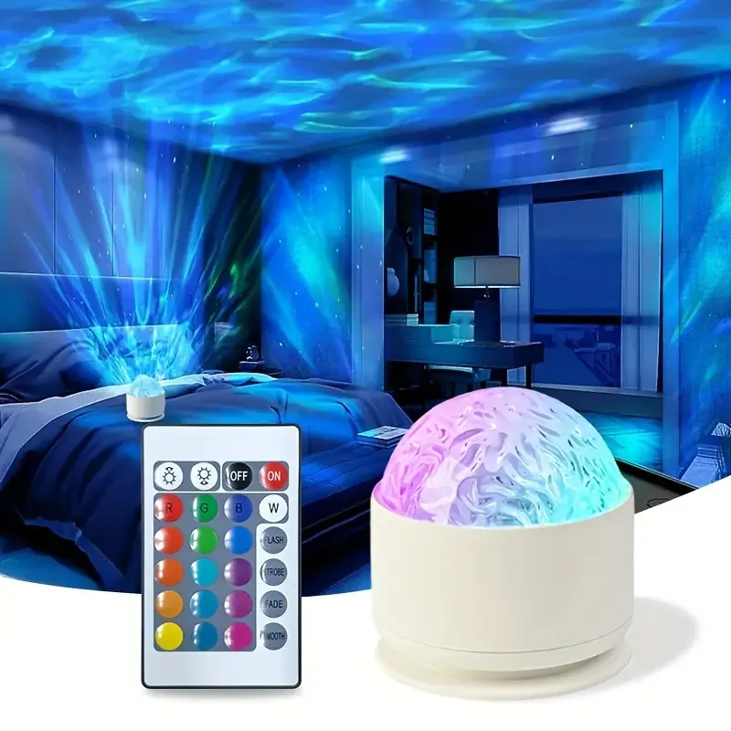 1 Pack USB Powered Aurora Ocean Wave Projection Lamp 16 Color with Rotating Flame Effect Remote Control for Bar Restaurant Decor