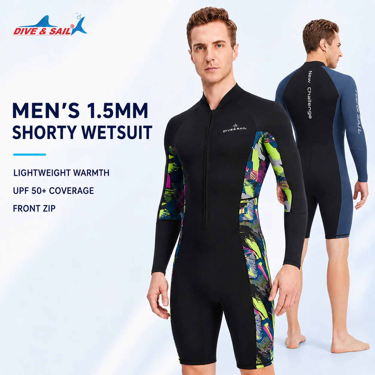 DIVE&SAIL Men 1.5mm Neoprene Shorty Wetsuit Long Sleeve Front Zip UPF 50+ Diving Suit for Snorkeling Surfing Swimming