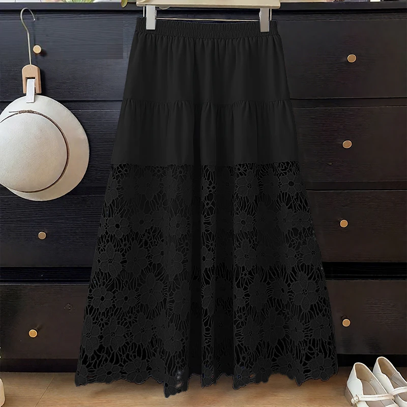 ZANZEA Mode Overrokken 2023 Herfst Vrouwen Kant Patchwork Maxi Rokken Casual Hoge Taille Lange Faldas Elegante Ruche Lange Bodem