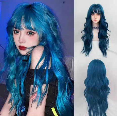 

Women Long Wavy Synthetic Wig Lolita With Bangs Sweet and Lovely Fluffy High Temperature Blonde Silk