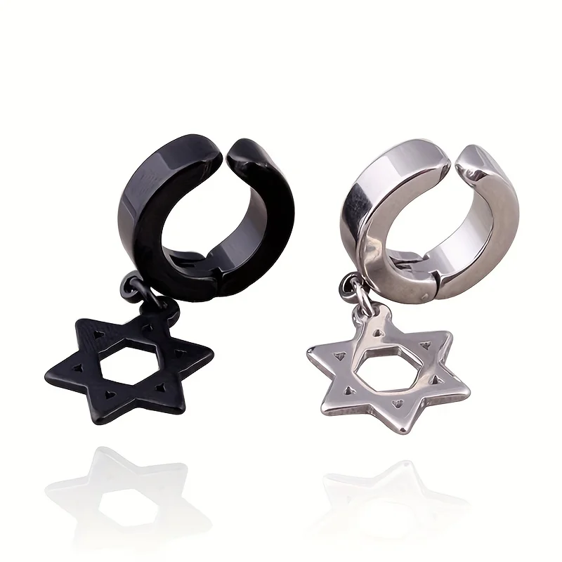 2pcs Fashionable Stainless Steel No Ear Holes Cross Ear Clip Non-Piercing Tassel Star Blade Earrings Jewelry for Men Women