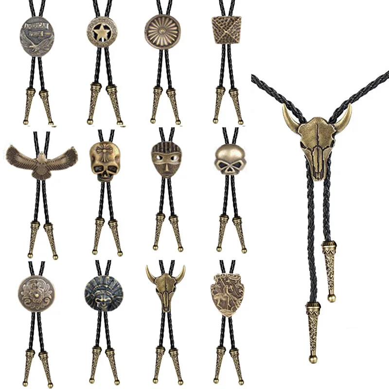 Corbata de bolo con cabeza de toro para hombre, disfraz de vaquero, corbata de cuero, cuerda, collares occidentales, accesorios de corbata de bolo de Halloween para mujeres y hombres