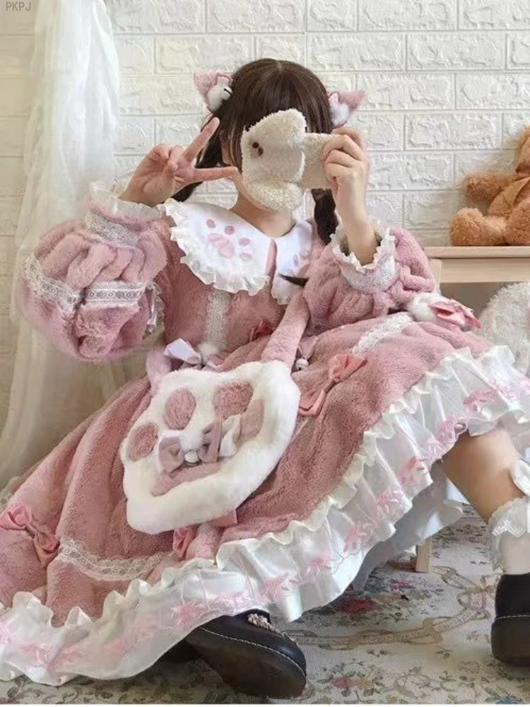 Imagem -03 - Conjunto de Vestido Lolita Feminino de Duas Peças Manga Bolha de lã Vestido Fofo e Quente Vestido Kawaii com Renda Rosa Mochila e Bustle Elástico