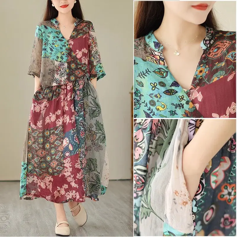 

Artistic Abstract Retro Linen Clothing Chinese Style Printed Loose Casual Stitching Fake Two Piece Dress Summer Vestidos Z1994