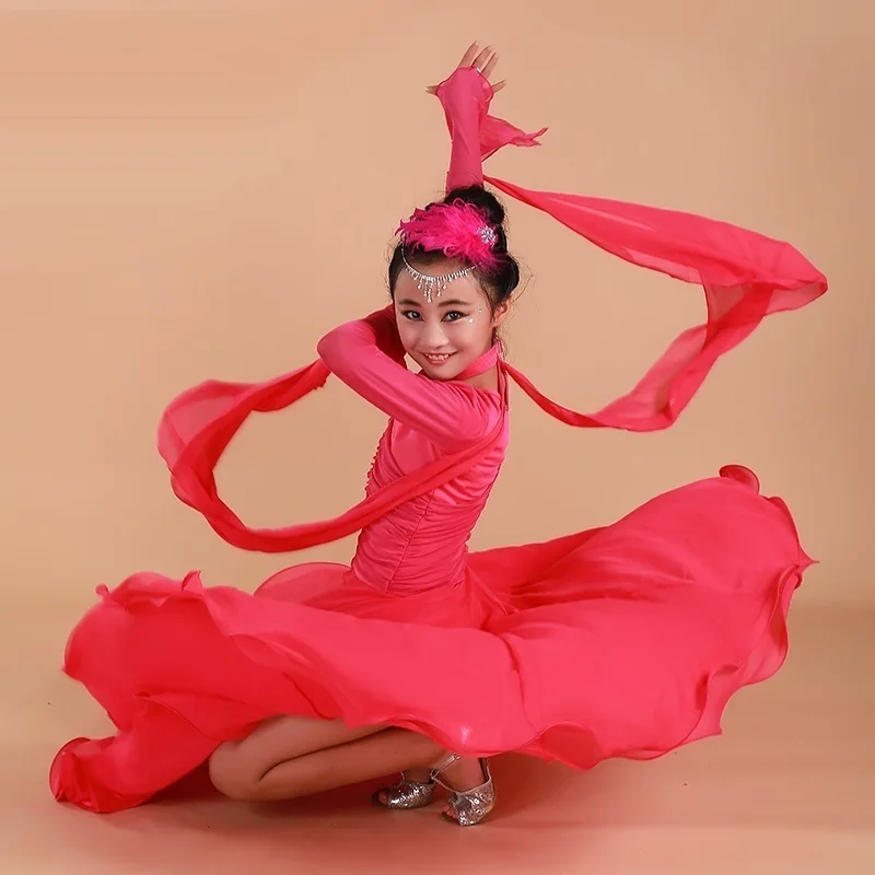 Girls Child Long Sleeve Tango Rumba Samba Flamenco Waltz Dance Competition Dress Dancewear Kids Standard Ballroom Dance Dress