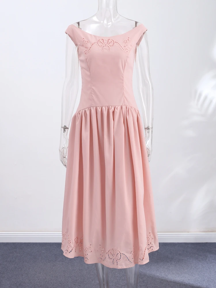 Schulterfreies, besticktes, tailliertes langes Kleid für Damen – Luxuriöses, weit ausgestelltes, schmales Party- und Abendkleid – Elegantes Damen-Vestido Longos – Detail 4