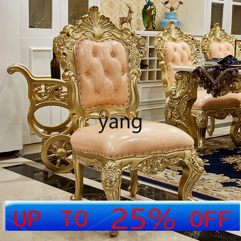 LMM European dining chair solid wood double-sided carved first layer cowhide leather with armrest back seat