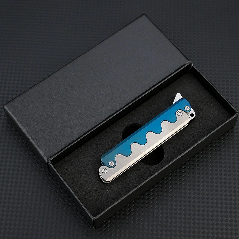 Premium Titanium Sidewinder Folding Knife – Ready-to-Gift EDC Tool One-Hand Deployment, CNC Blue/Wave Grip & D2 Steel Blade