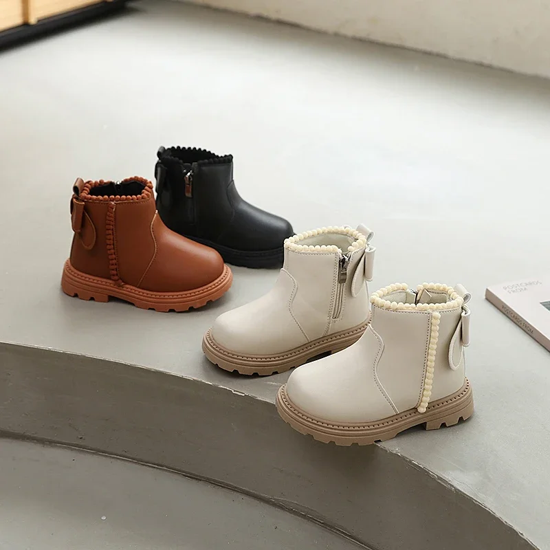 

Fashion Children Causal Short Boots Sweet Bowknot Girls Trend Leather Boots Platform Side Zip Elegant Kids Princess Ankle Boots