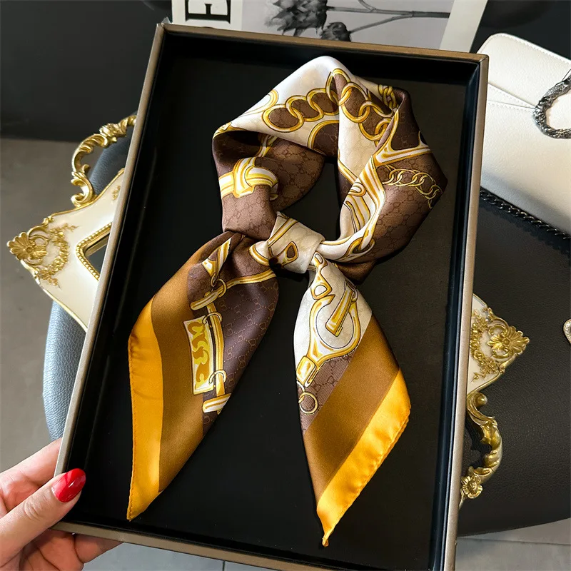 

Luxury Spring Summer New Imitated Silk Scarf Women Printed Square Scarf Soft Satin Headband Shawl Wrap Hijab Foulard Ribbon 70cm