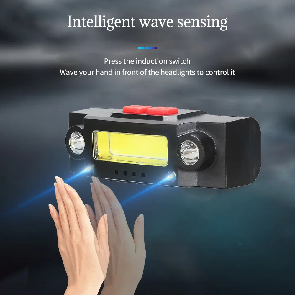 Lampada frontale a induzione Faro ricaricabile USB Lampada da ricerca da campeggio COB + Torcia frontale a LED Luce da lavoro con batteria incorporata impermeabile