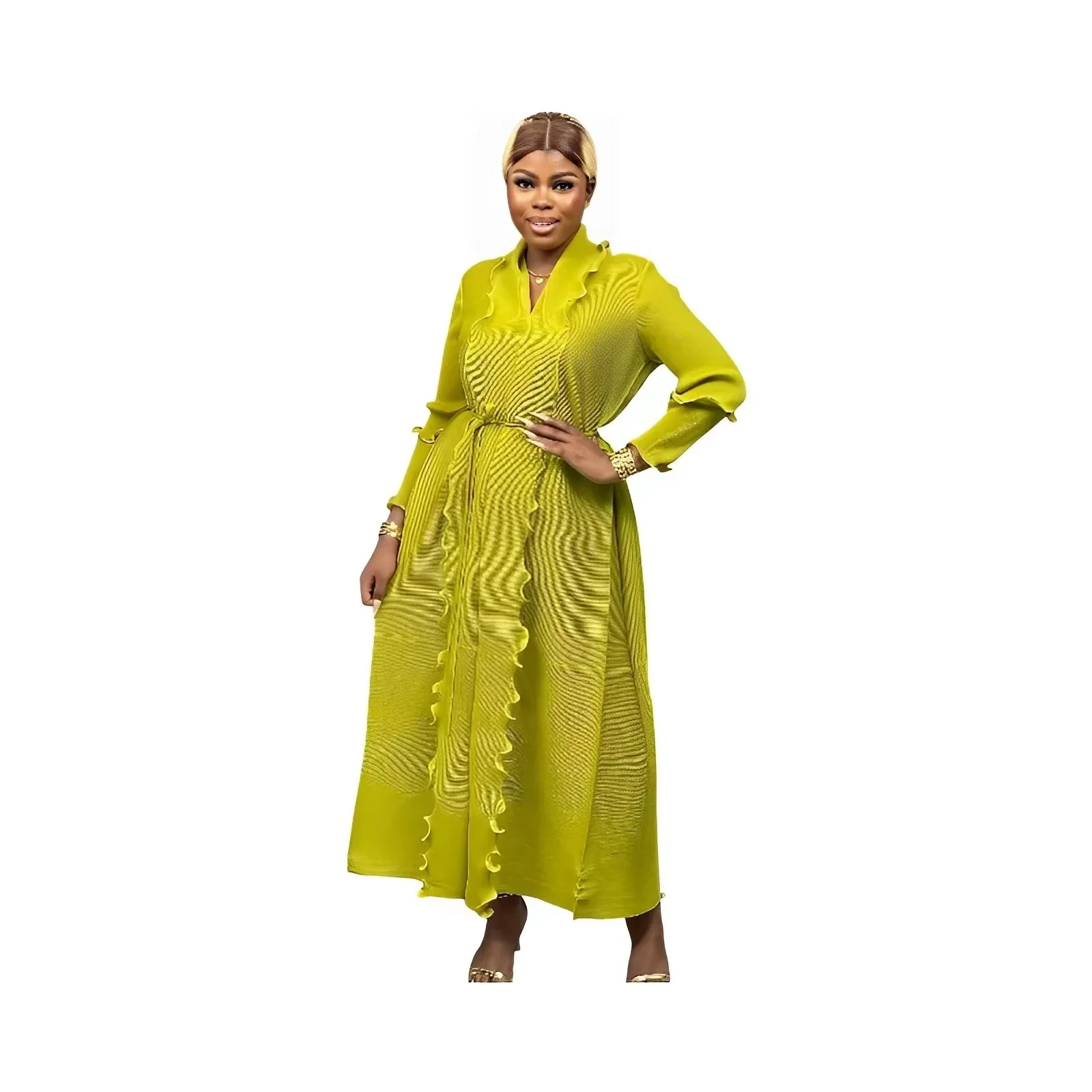 

Miyake Pleated Fashion New Casual Dress Women's Solid Color V-neck Long-sleeved Ruffle Lace Long Skirt Plus Size Women's Dress