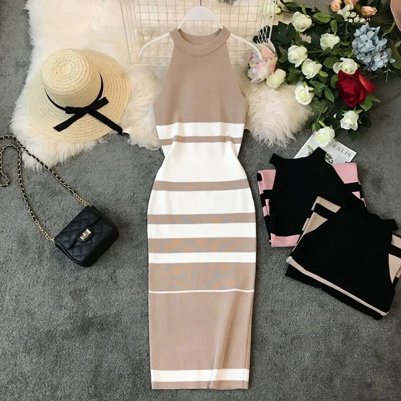 2024 summer women\'s hanging neck knit long dress round neck stripes hit color waist slim slim ming knit long dress office lady