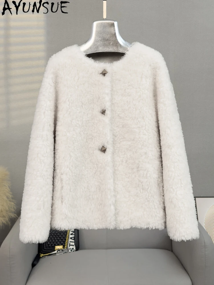 AYUNSUE 100% Natürliche Wolle frauen Jacke Elegante Rundhals Lamm Pelz Jacke Frau Kleidung Lose Outer 2025, Ropa Para mujer
