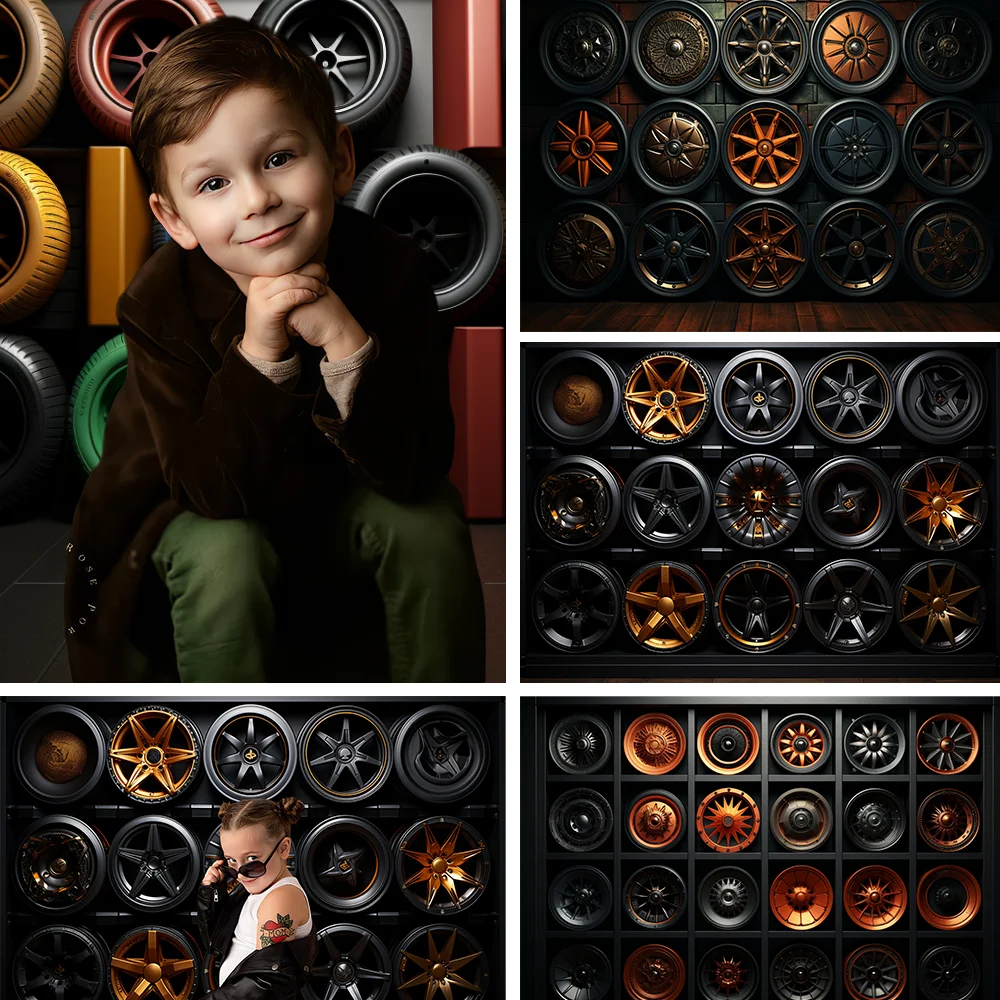 Children Photography Backdrop Different Colored Tires Black Grisaille Metallic Finishe Birthday Portrait Background Photo Studio