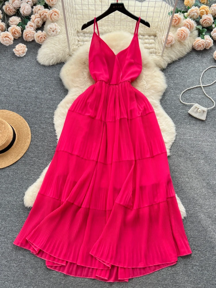 

Summer Seaside Vacation Party Chiffon Long Dress Women Elegant Sexy Sleeveless Suspender High Waist Slim Pleat Beach Dresses