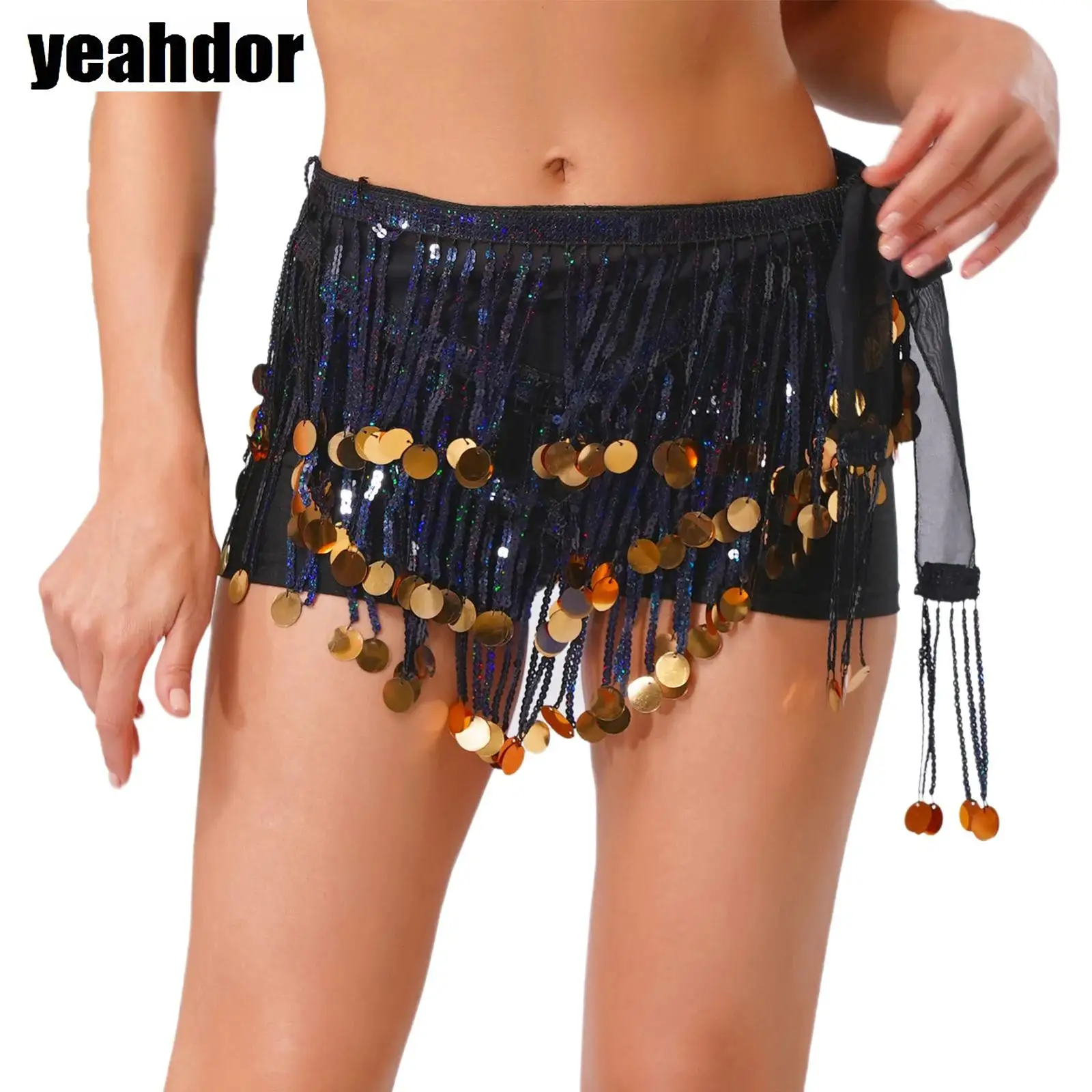 

Women Belly Dance Hip Scarf Sparkly Sequin Tassel Irregular Hem Side Lace-up Wrap Skirts One Piece Belly Dance Belts Accessories