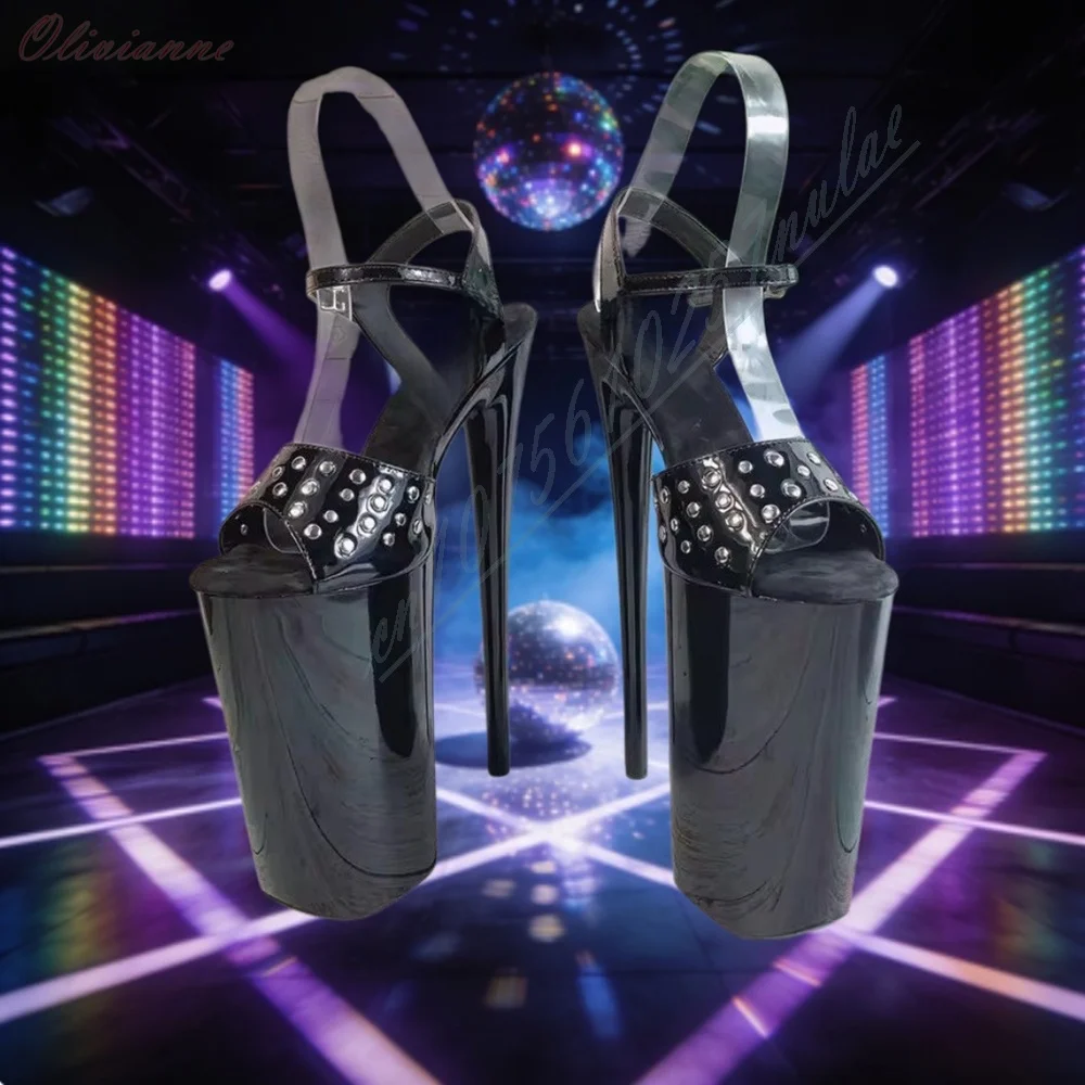 Metal Round Rivets Decor Peep Toe Sandals Black Shiny Patent Leather Super Platform Stiletto High Heel Party Performance Sexy