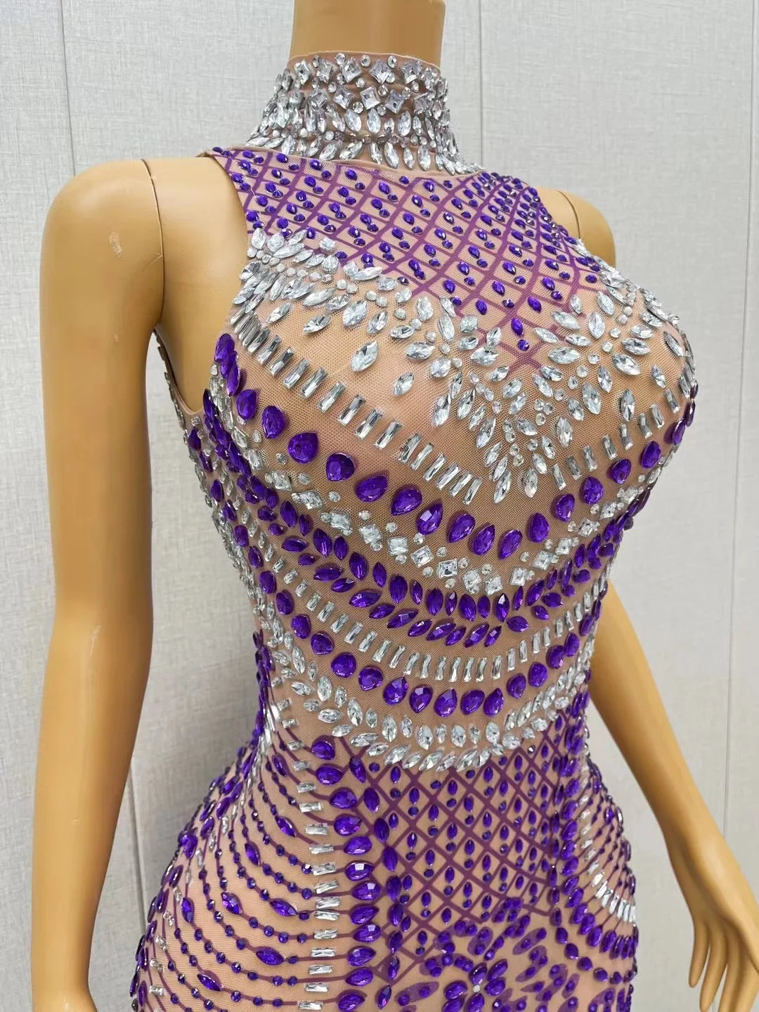 Women Luxury Purple Rhinestone Sexy Mesh Sleeveless Dress Sparkling Stage Performance Costume Club Evening Party Prom Dresses