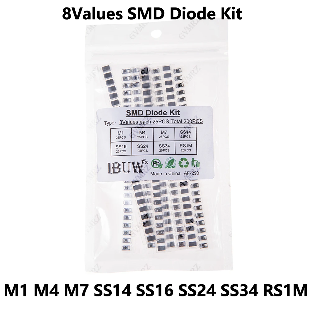 200 Stück SMD-Dioden-Set mit 8 Werten M1 M4 M7 SS14 für elektronische Gleichrichtungsprojekte SS16 SS24 SS34 RS1M