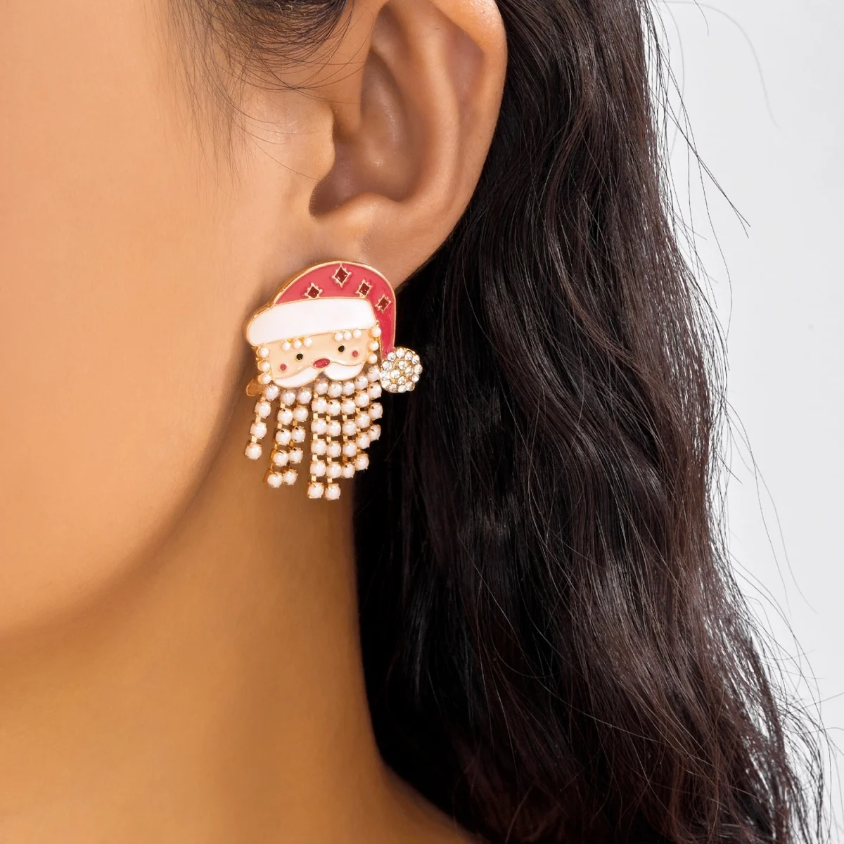 Kreative, niedliche Weihnachtsmann-Ohrstecker mit simuliertem Perlenquastenbart für Frauen, Strass-Weihnachtsmann-Ohrringe, Weihnachtsparty-Schmuck – Detail 22