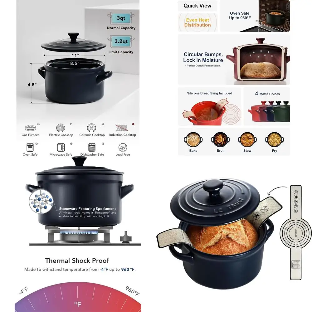 

Lightweight 3-Quart Ceramic Dutch Oven with Silicone Sling for Bread Baking - Non-Toxic, No Seasoning, Safe for Oven, Microwave,