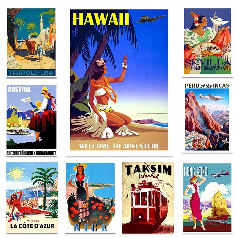 World Travel Vintage Posters French Pyrenees Davos Corsica Hawaiian Poster Print Wall Art Decoration Picture Home Bar Cafe Decor