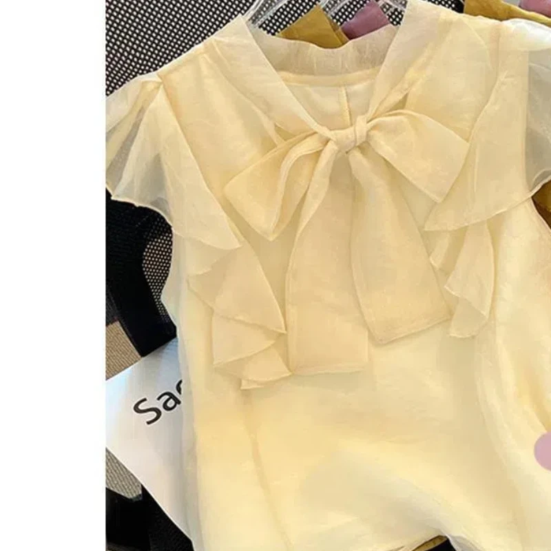 Summer Women\'s Casual Fashion Elegant Commuting Solid Color Round Neck Patchwork French Bow Chiffon Little Flying Sleeve Shirt