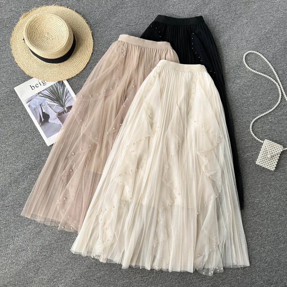 

LUKAXSIKAX 2022 New Spring Summer Women High Waist Slim Long Skirt High Quality Beading Ruffles Mesh Skirt