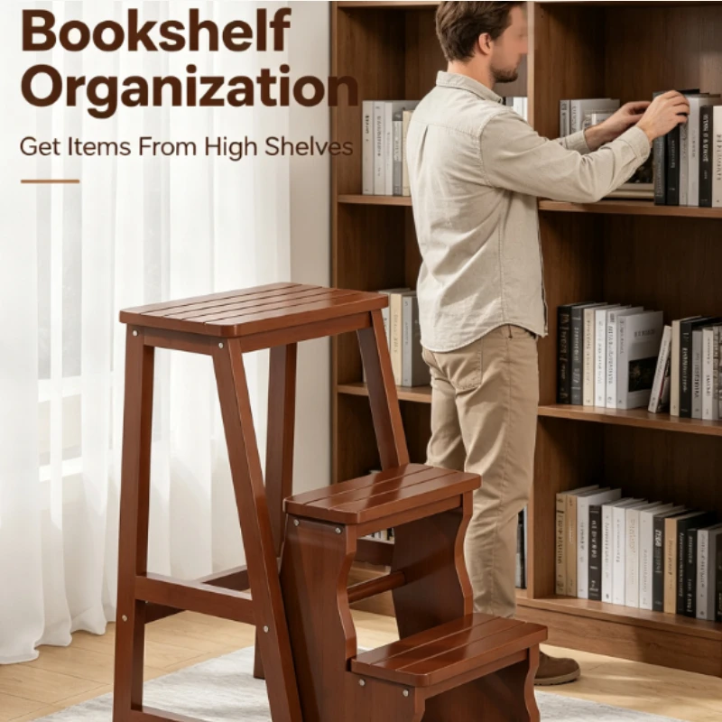 Wooden Folding Step Stool Three Tier Brown Solid Wood Multifunctional Ladder Chair For Indoor Home Kitchen Living Room Use