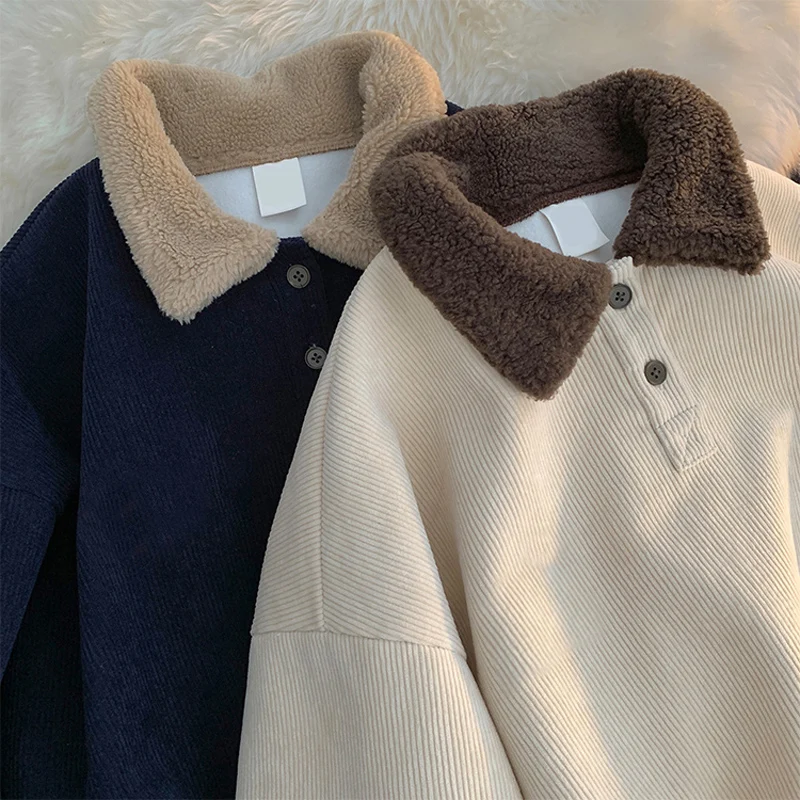 Harajuku Corduroy Polo Collar Pullovers Fall Winter Fleece Warm Thick Sweatshirts Contrast Color Patchwork Oversized T-Shirt