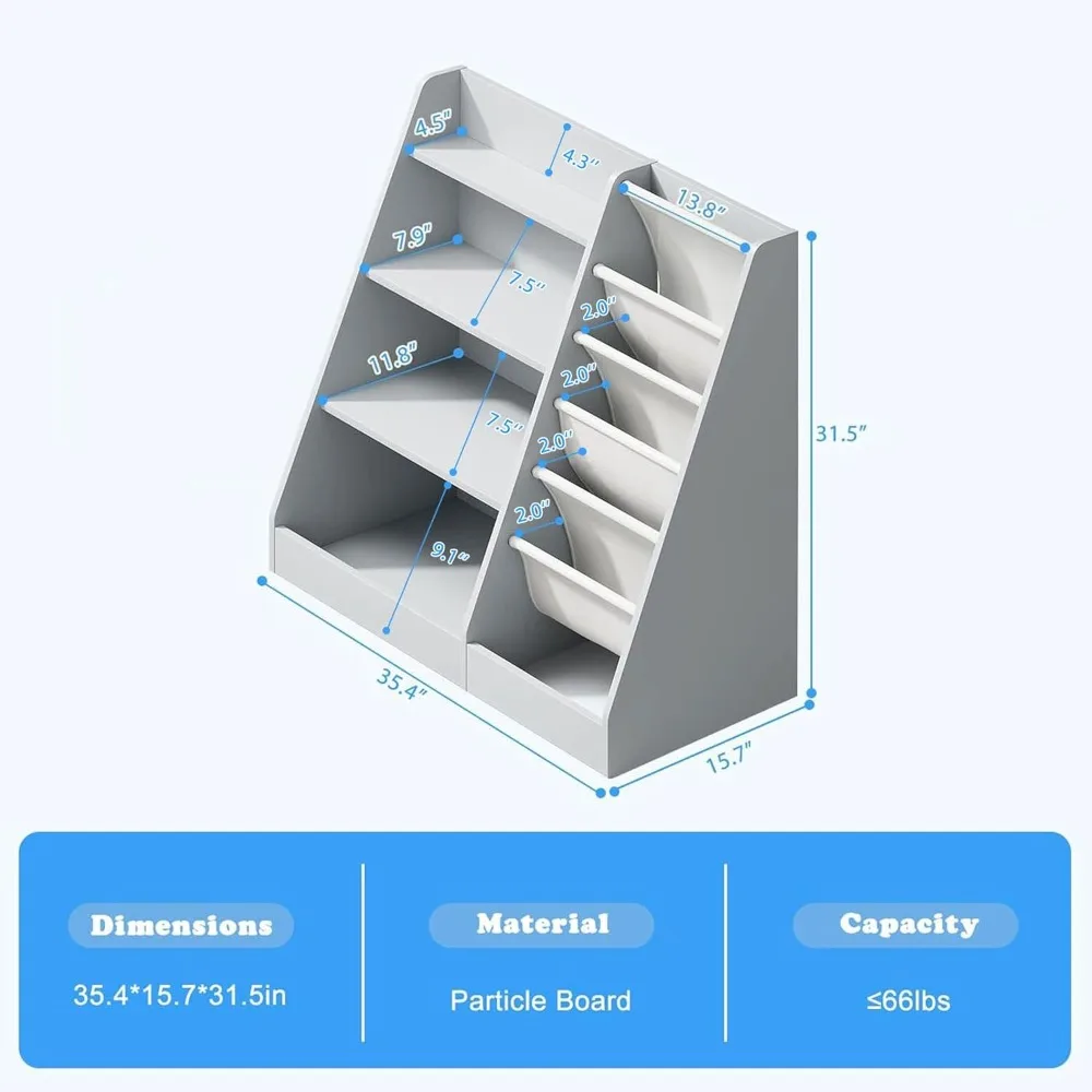 Gray 4 Tier Kids Wooden Bookshelf, Five Layer Sling Toddler Front Facing Bookcase,Baby Kids Storage Book Rack