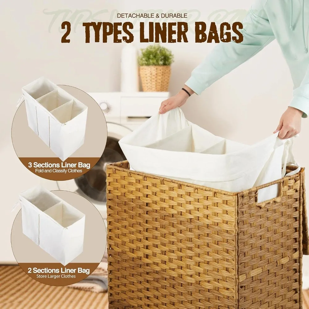 Laundry Hamper with Lid, 125L Large Clothes Hamper with 3 Section & 2 Section Removable Liner Bags & 5 Mesh Laundry Bags, Han