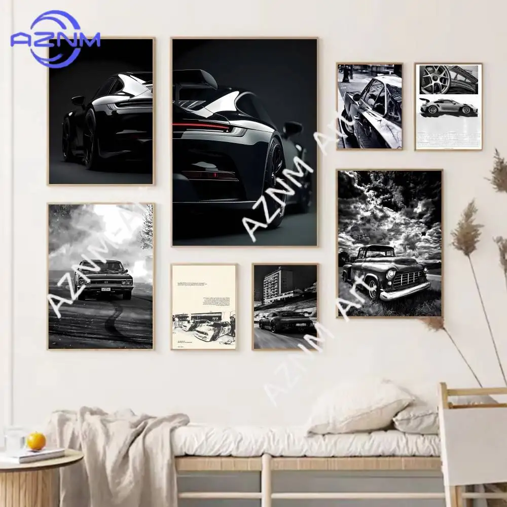 1PC Black & White Famous Cars Poster Self-adhesive Art Water