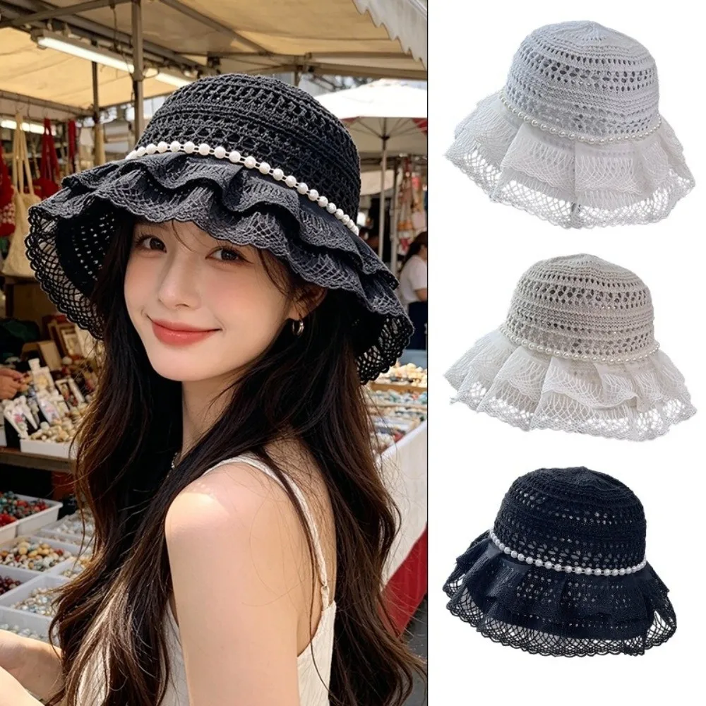 Hollow Knit Texture Bucket Hat Pearl Decor Anti-UV Fabric Fisherman Hat Lightweight Material Foldable Design Visor Cap