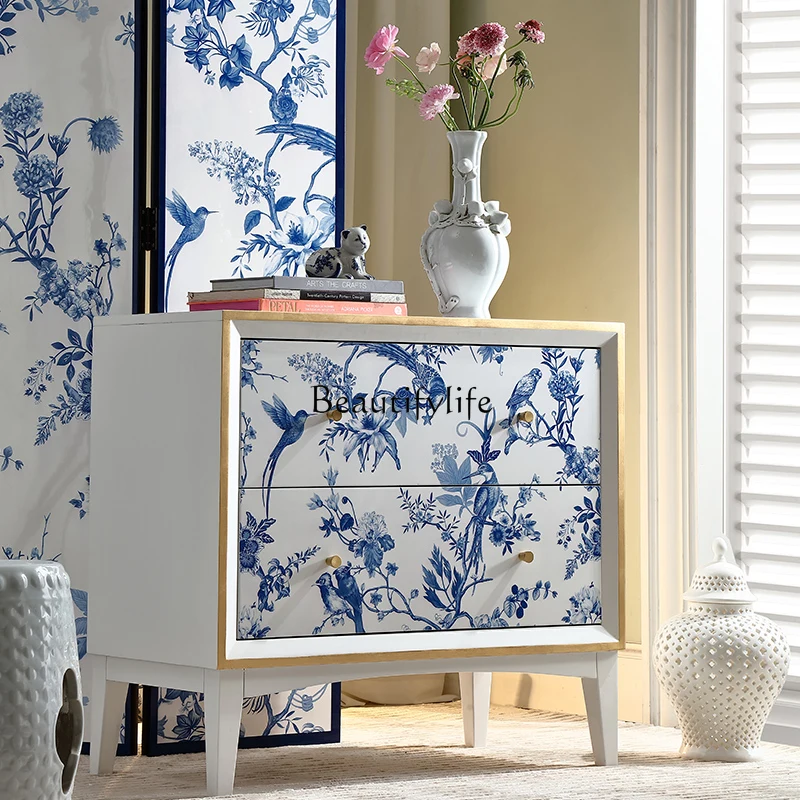 Blue and white porcelain white solid wood French antique multi-purpose entrance cabinet storage Chinese style decorative cabinet
