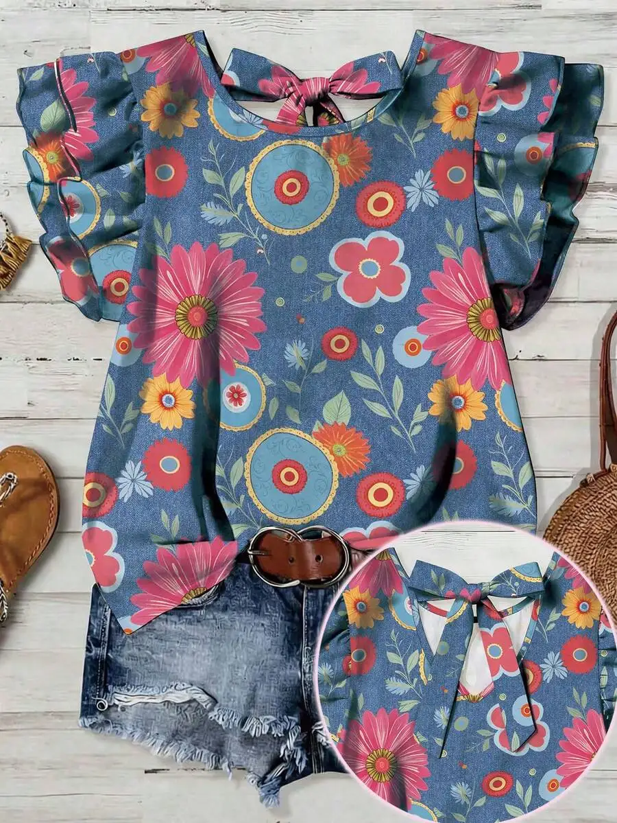 

Womens Casual Floral Print Loose Shirt With Ruffle Sleeve And Bow Neck Summer Top