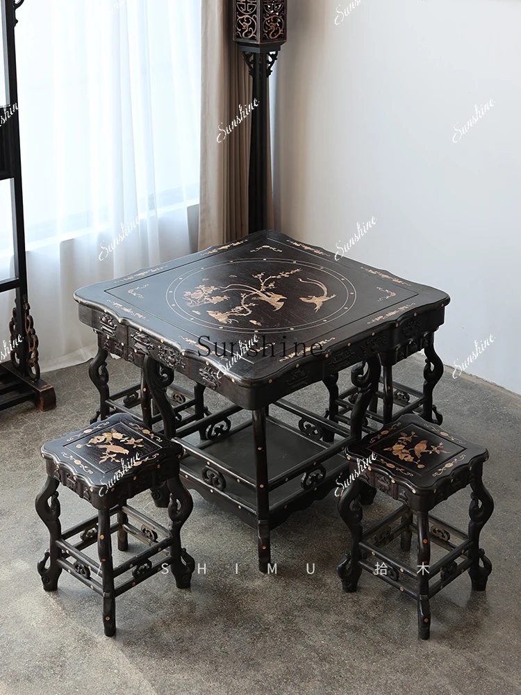 

Ebony inlaid shell solid wood dining table combination balcony simple tea table FT