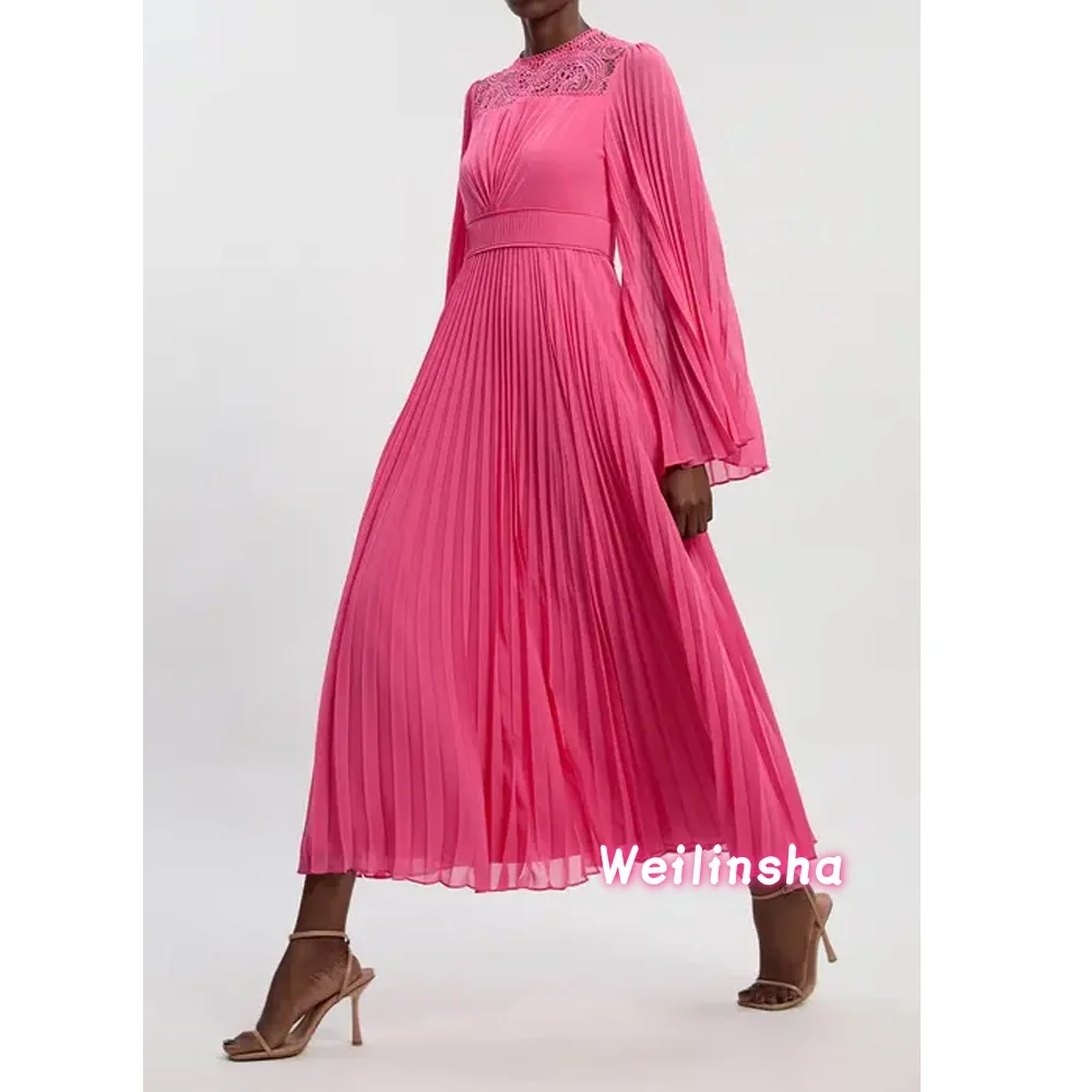 

Customized A-Line O-Neck Long Sleeves Mother Of The Bride Dress Lace Pleated Tea Length Wedding Guest Dresses Formal Occasion